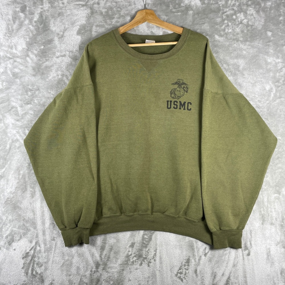 Vintage Military Sweatshirt Mens 2XL Green USMC Crewneck Made in USA Sun Faded